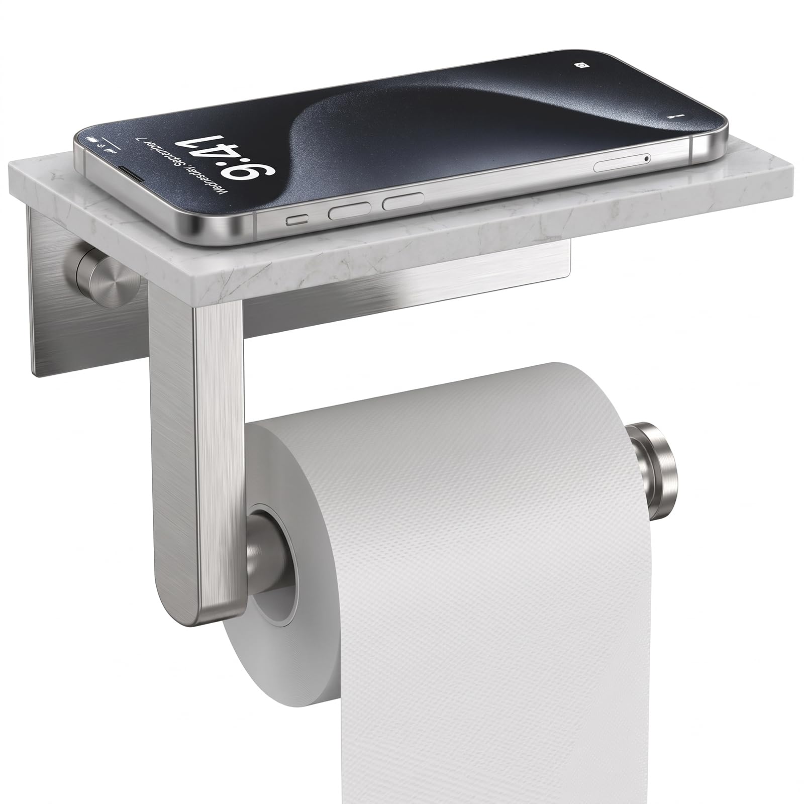 Brushed Nickel Marble Toilet Paper Holder with Shelf Wall Mount