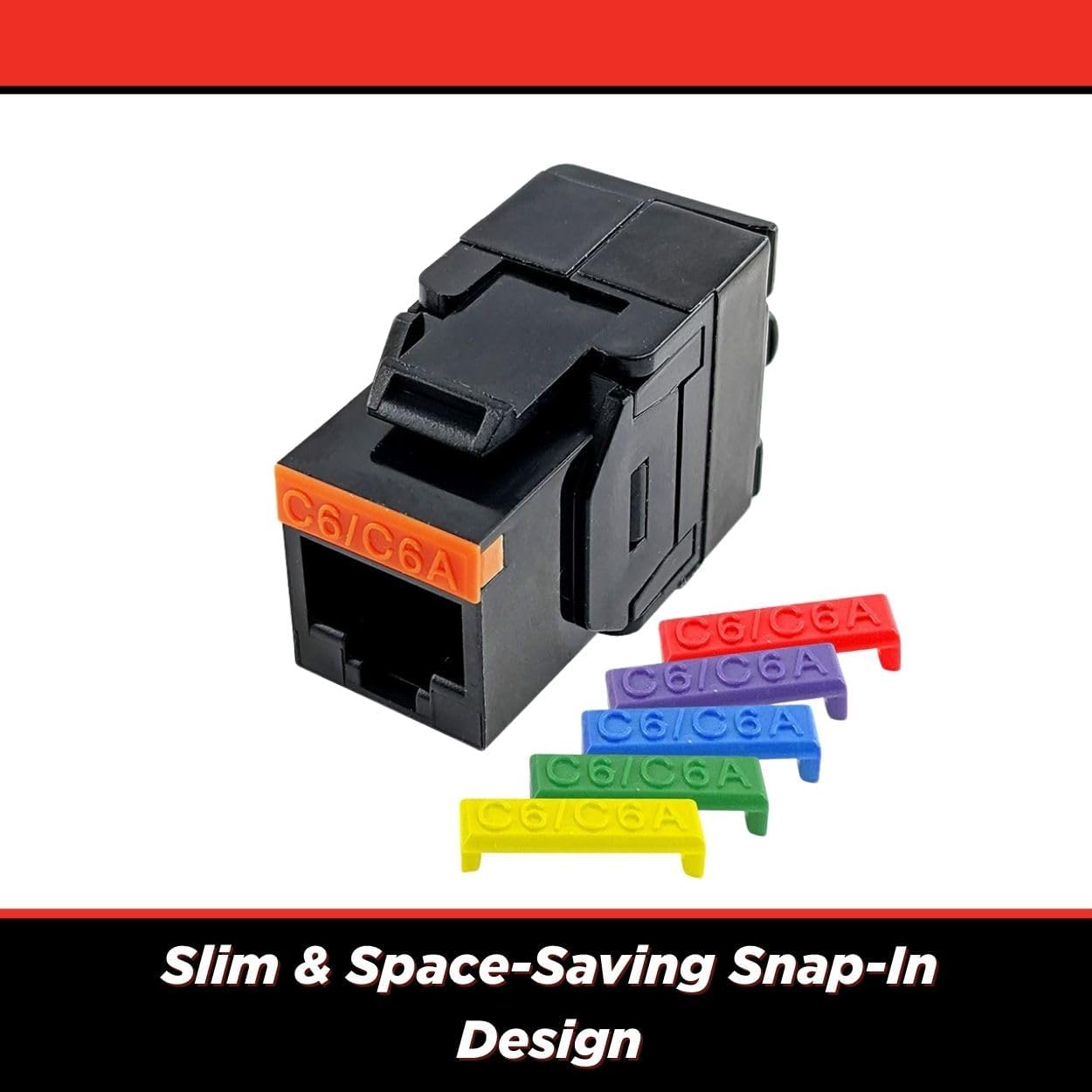 Simply45 Cat6/6A UTP 180 Degree Keystone Jack 110 Style - Black, 25-Pack - Toolless, w/6 Color ID, 568B Wiring Label, ANSI/TIA 568.2-D - S45-3600B-25