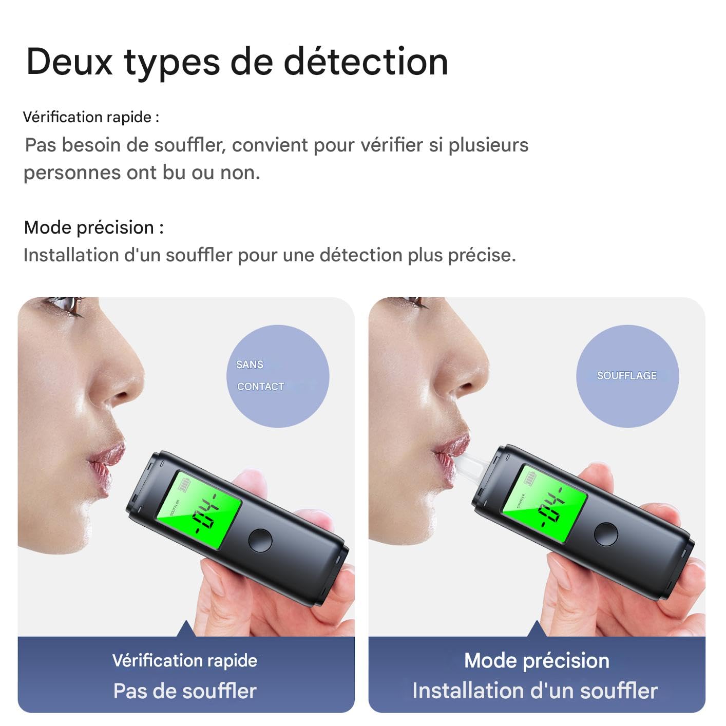 ZBK Éthylotest Automatique Double Mode, Testeur d'alcool 2 en 1 Rechargeable par USB, Portable, Précis et Rapide, pour Usage Personnel, Partageable en Toute Sécurité