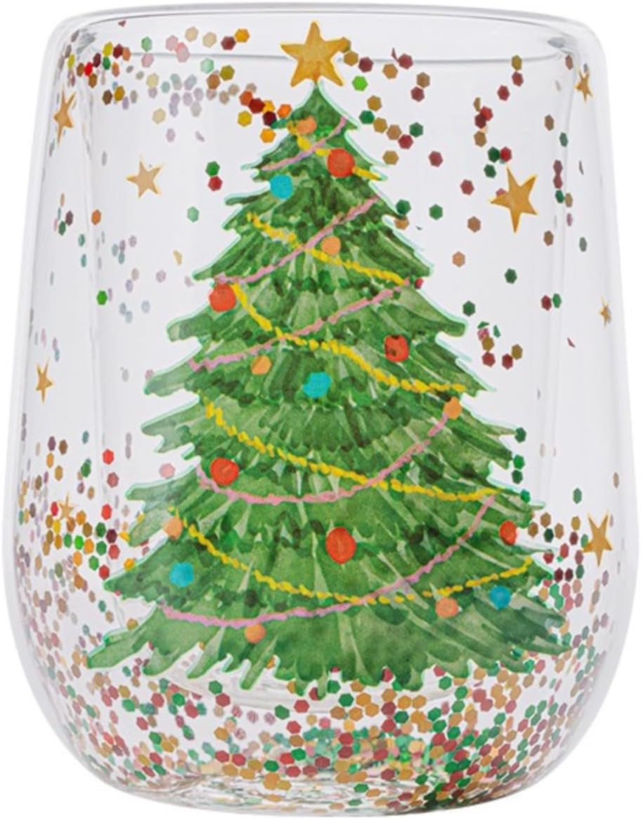 Flowing glitter double-layer cute glass cup Christmas tree water cup