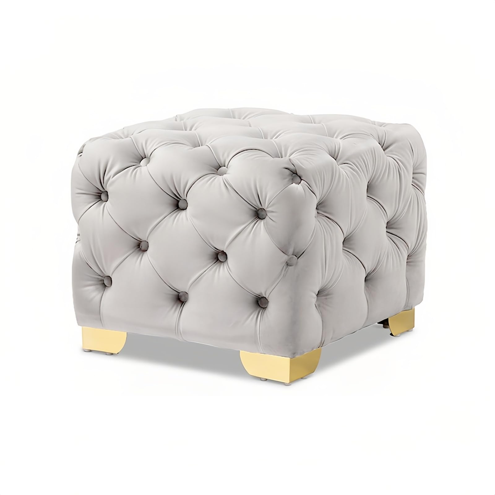 Otomana tapizada de terciopelo gris claro, reposapiés con botones para sala de estar, dormitorio, elegante decoración del hogar, muebles modernos, solución de asiento de felpa