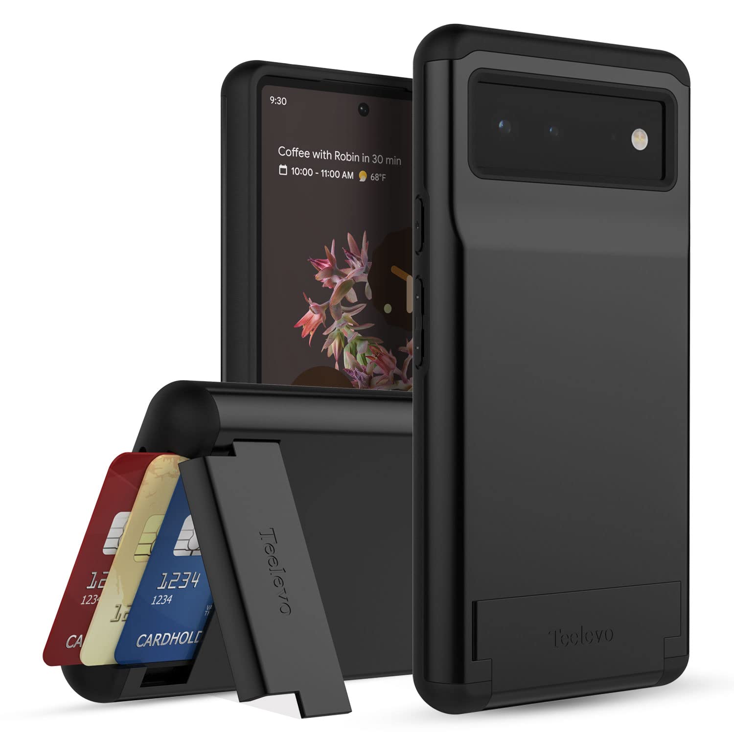 Teelevo Dual Layer Wallet Case for Google Pixel 6, Protective Case with 3-Card Storage for Google Pixel 6 - Black