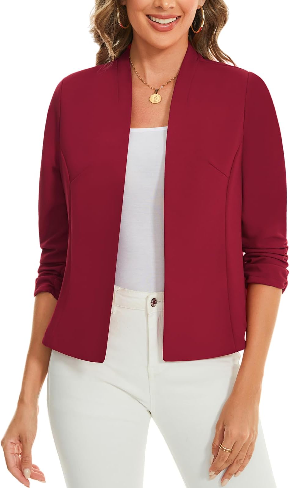 Open Front Blazers Cardigans 3/4 Ruched Sleeve Jackets Womens UK Blazer Shrug Crop Smart Cover UP Front Lined Outerwear Top