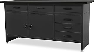 Jan Nowak Werkbank mit Arbeitsplatte Werktisch mit 6 Schubladen 2 Schließfächer Verstellbare Füße MDF-Arbeitsplatte Belastbar bis 500 kg Metall 170 cm x 60 cm x 85 cm (Schwarz/Schwarz)