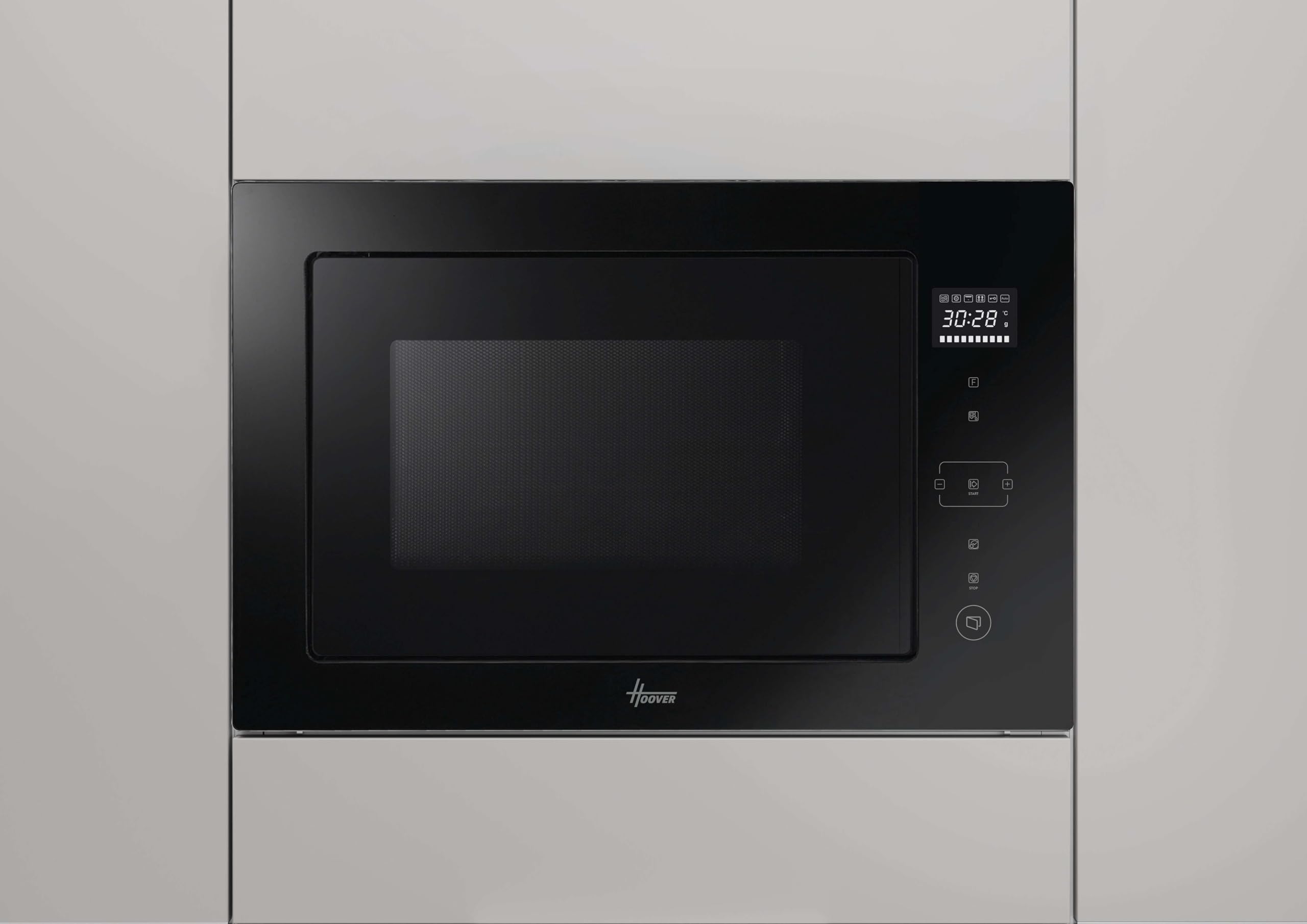 Hoover H-MICROWAVE 500 HMBG25/1GDFB, Microondas integrable con grill, 25L, Digital, Sin marco, 5 niveles potencia, 6 programas automáticos, Plato giratorio 31,5cm, Quick Start, 900W/1000W, Negro