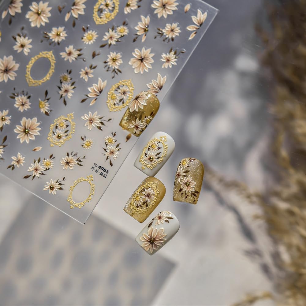 Flower Nail Stickers Daisy Nails Decals Self Adhesive Cute Floral Nail Designs Yellow Vintage Frame Nails Supplies 5D Embossed Autumn Fall Wildflower Stickers for Women DIY Manicure 1 Sheet image 3