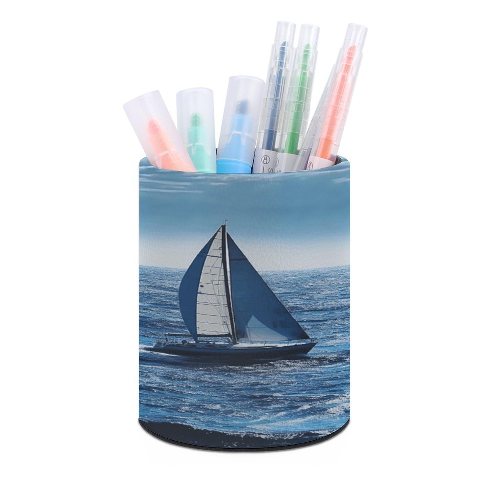 VstaDank Blue Sea Sailboat Pen Holder for Desk Makeup Brush Holders Stylish Pen Cup Cute Pencil Cup Round Pencil Holder Decor Brush Scissor Holders for Multifunctional Office Supplies