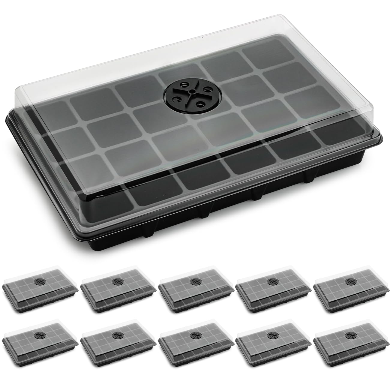 RooTrimmer Confezione da 10 vassoi XL per sementi con cupola, 24 grandi celle da 5,1 cm per piantina (totale 240 celle), vassoio per la coltivazione dei semi con coperchi per umidità per la