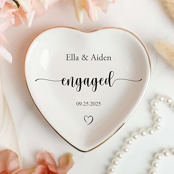Engaged Ring Dish with Script Font, Personalized Jewelry Dish Tray for Bride, Custom Wedding Gift with Name & Date, Elegant Trinket Bowl, Bridal Shower & Engagement Gift