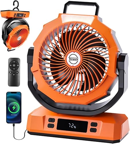 Ventilador de campamento recargable portátil de 12 pulgadas, ventilador de batería de 40000 mAh con luz LED, pantalla digital, temporizador, 6