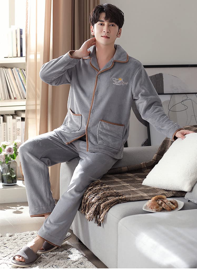 LUBOSE Pijama de forro polar coral para hombre Simple Fashion Solapa Botón Plus Fleece engrosado cálido manga larga Homewear Set (XXL, gris)