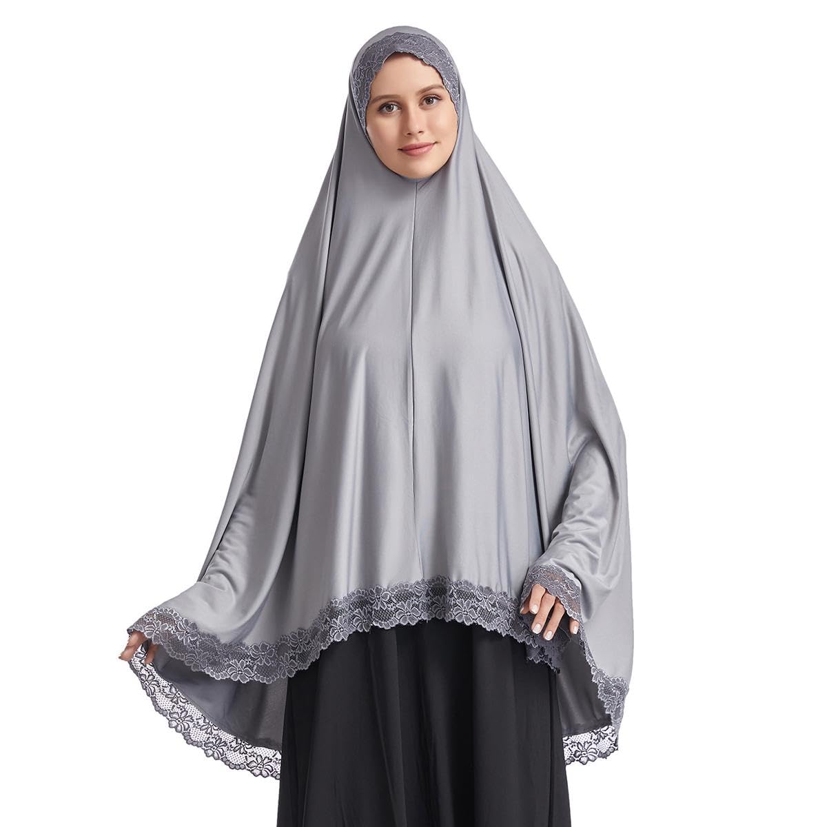OLEMEKWomen's Elegant Hijab Lace Trim Middle Eastern Islamic Jilbab Prayer Veils Headcover Headscarf