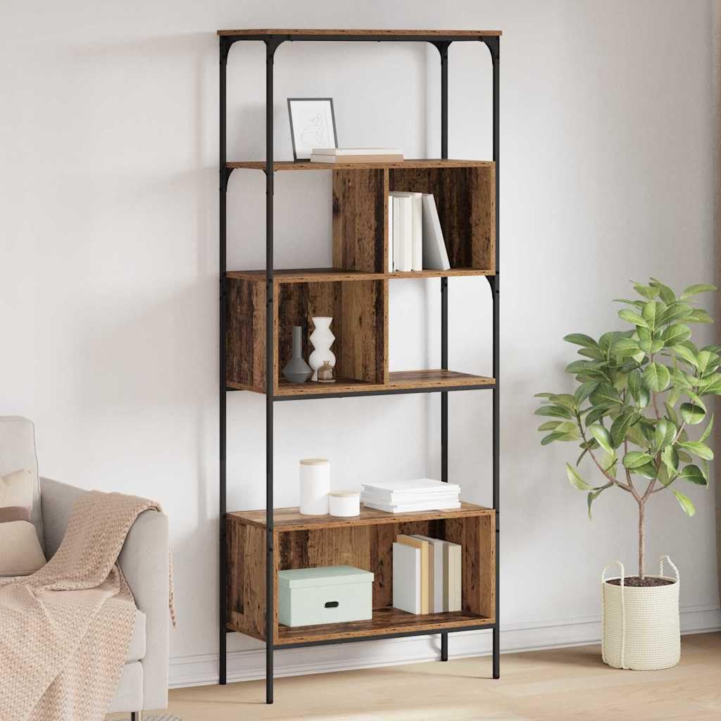Bibliothèque en bois vieilli, 76 x 33 x 188,5 cm, avec 7 étagères, étagère stable de style vintage, bibliothèque étroite pour salon, design scandinave, grand espace de rangement