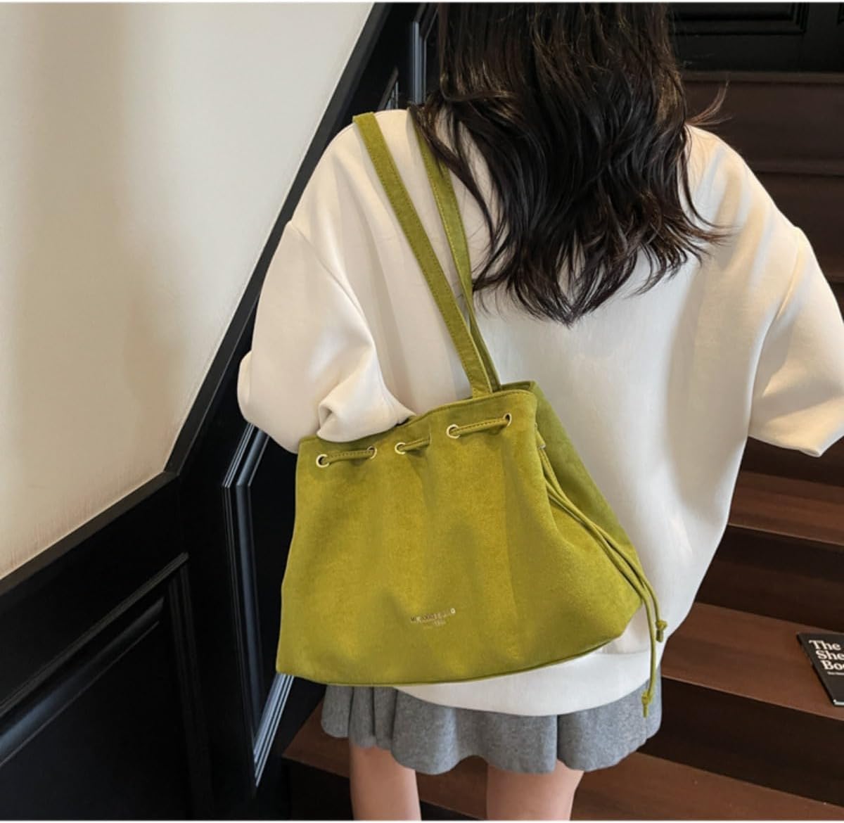 Retro Suede Bucket Purse Causal Travel College Crossbody Bag Drawstring Handbag Purse for Women Shouder Straps Tote
