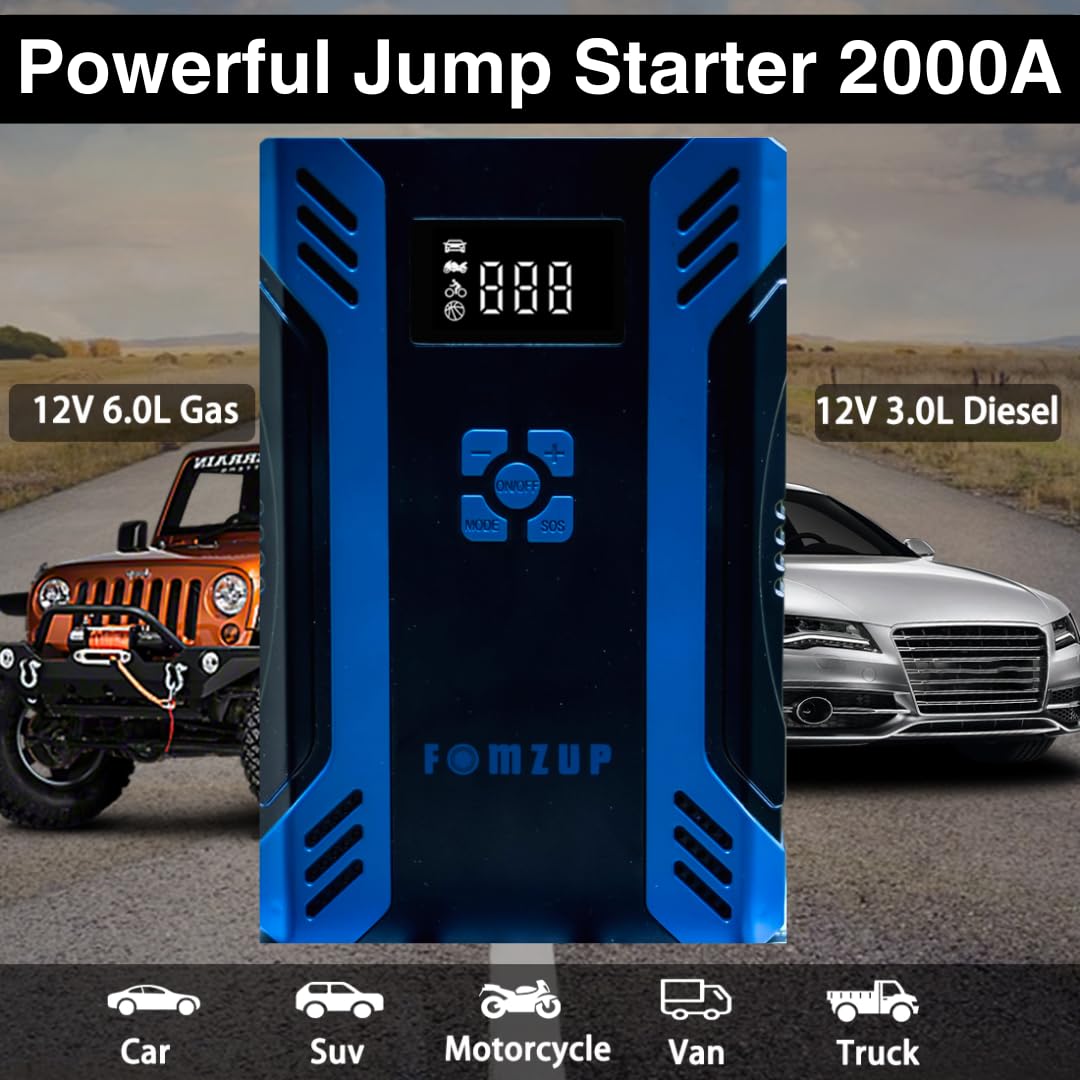 Fomzup Portable Jump Starter with Air Compressor, 2000 Amps Battery Booster - (12 V 6.0 L Gas/3.0 Diesel Engines) with Cordless Tire Inflator, Power Bank, Emergency Light and Compass (5 in 1)