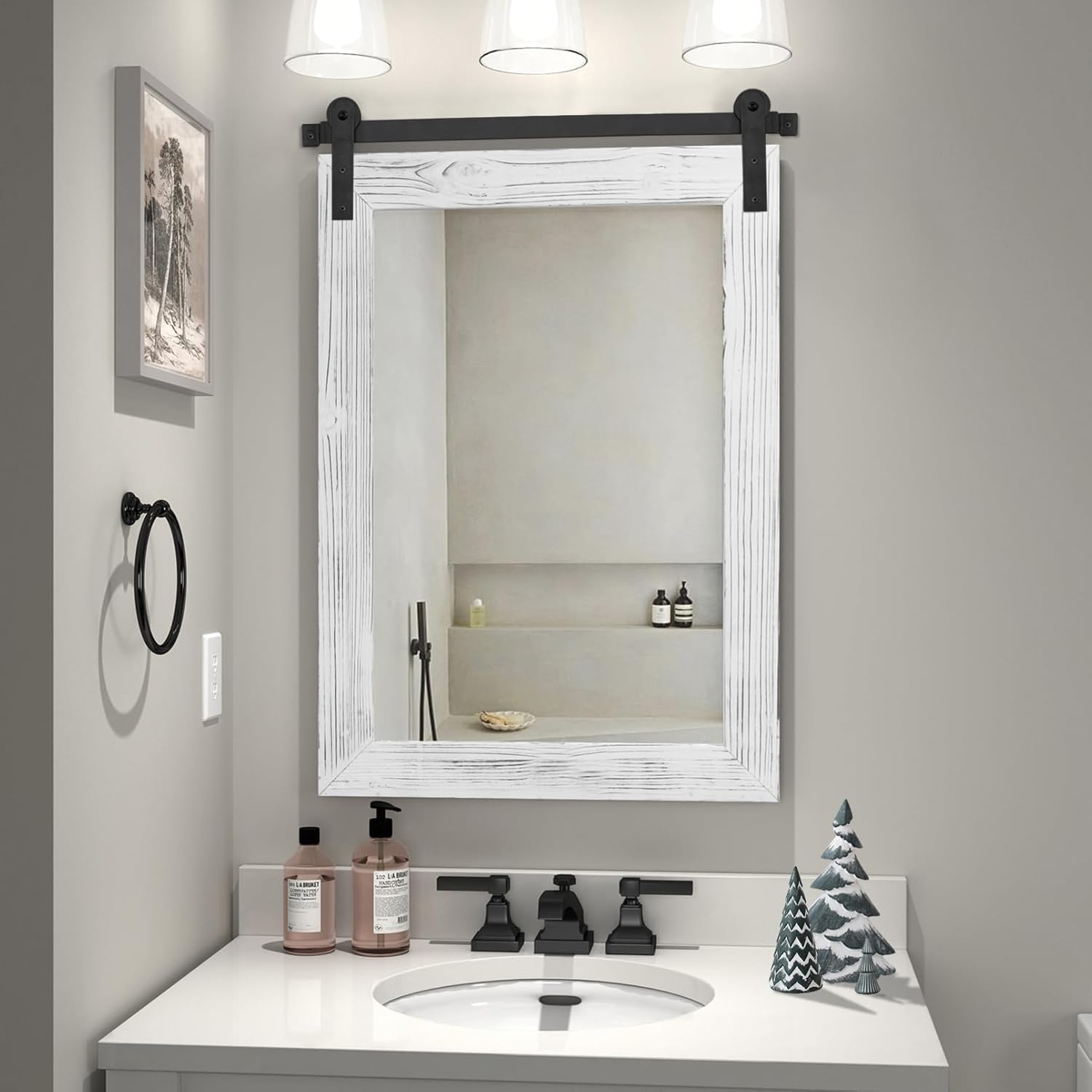 COGOOD Farmhouse Bathroom Mirror - 30 x 21 Rustic Wood Framed Wall Barn Door Mirror for Entryway, Living Room, Vanity Wall Decor (White) White 30"L x 21"W