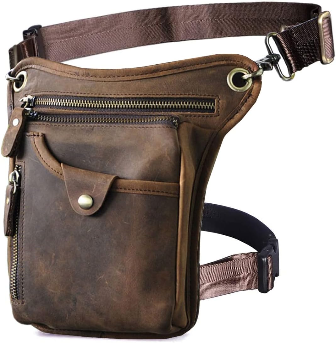 Xieben Leather Drop Leg Bag for Men Women Motorcycle Bike Riding Cycling Multi-Purpose Thigh Waist Fanny Pack Travel Hiking Sports Camping Pouch Deep Brown