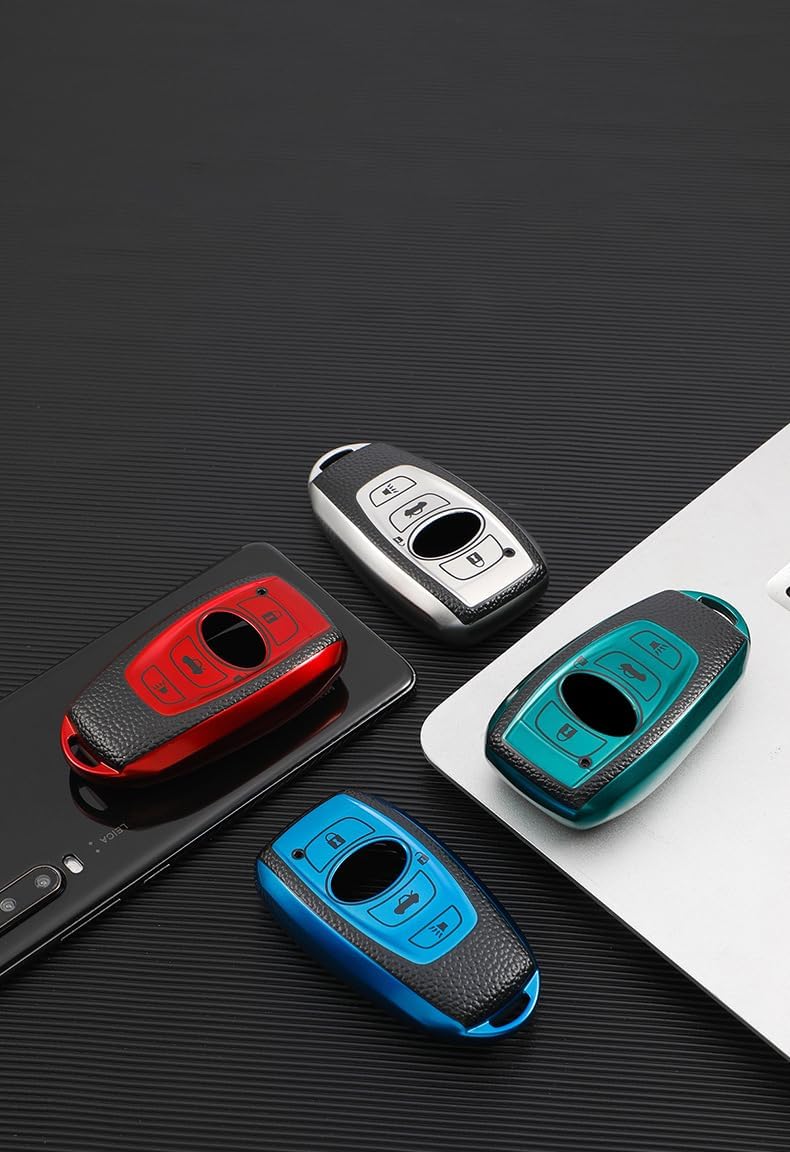 HIBEYO TPU Car Key Fob Cover with Keychain fits for Subaru Outback Ascent Forester Crosstrek Legacy Car Key Case Cover Protector Jacket Leather Texture Smart Remote Car Key Holder 3 Button Red