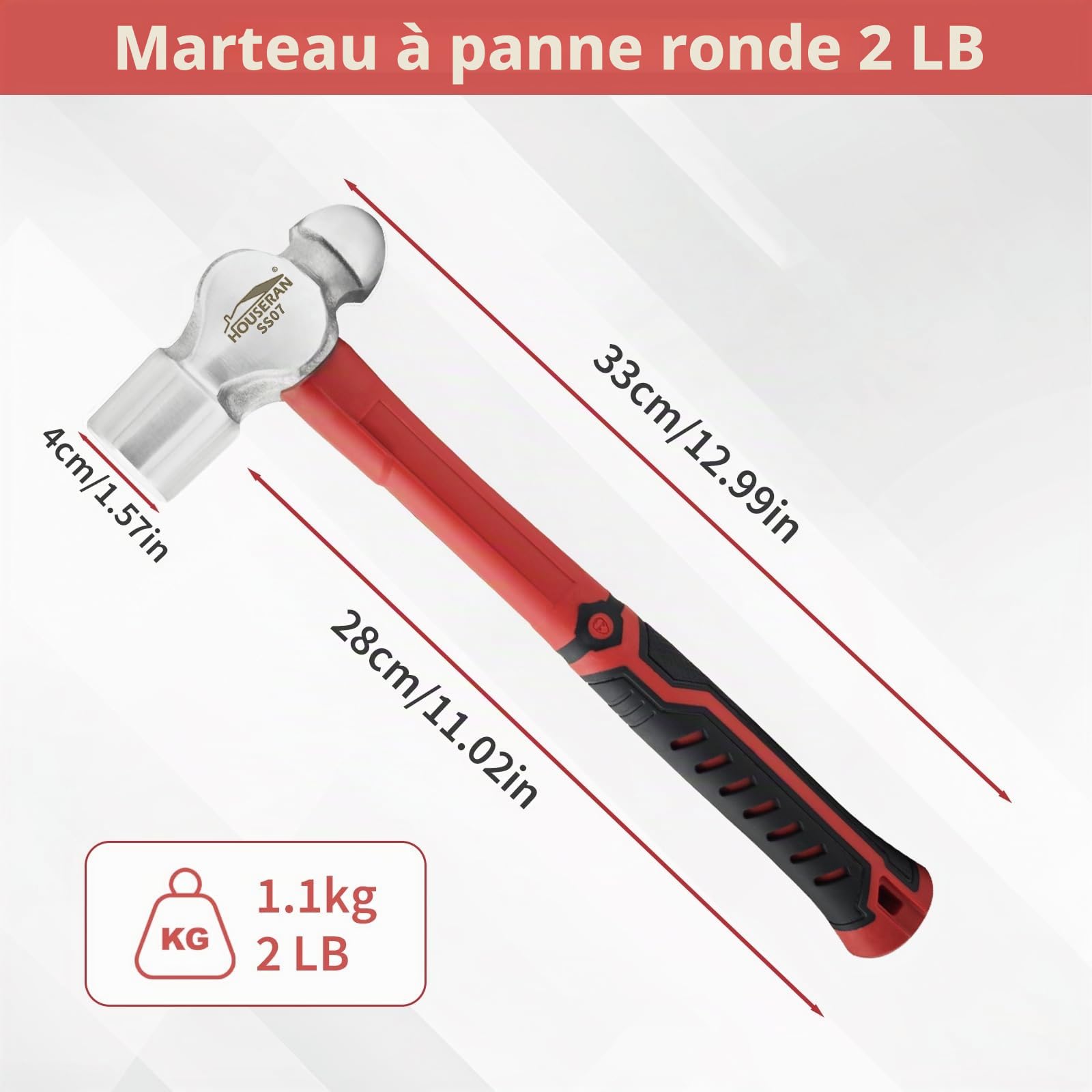 Marteau de Forgeron à Panne Ronde 1100 g Acier Carbone Forgé | Tête à panne ronde en acier au carbone, manche 33 cm antidérapant. Pour le travail du métal et la réparation de charpente.