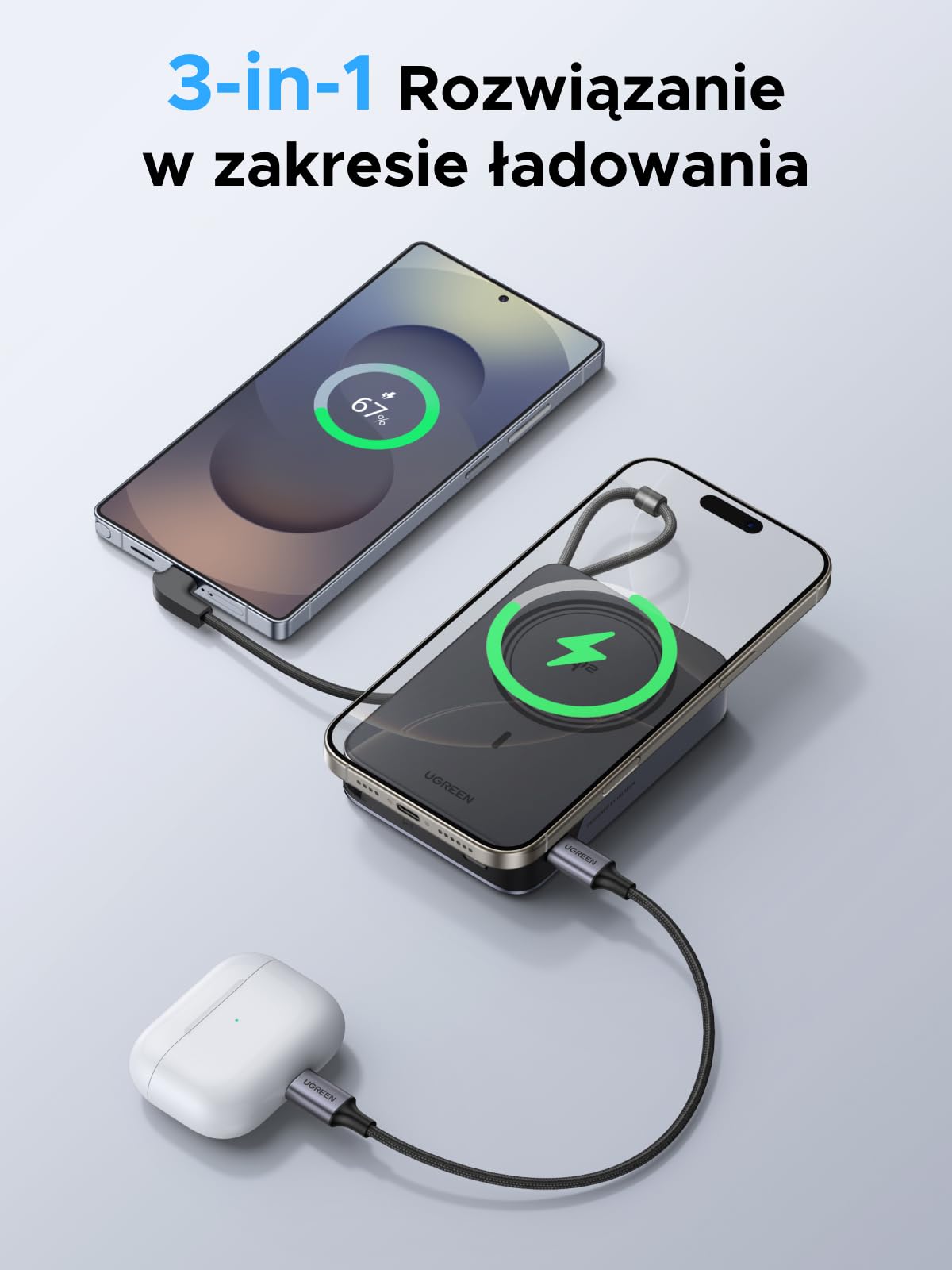 UGREEN Zapix 10000mAh Qi2 15W Magnetyczny Powerbank z USB-C 30W | Certyfikat Qi2, Zintegrowany Kabel, iPhone 17–12, Składana Podstawka, Idealny do podróży i dojazdów do pracy