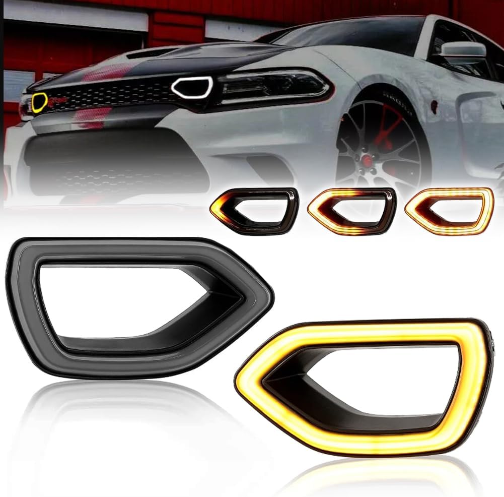 Sequential LED Grille Lights for Dodge Charger 2015-2022 SRT Scat Pack, Smoked Lens Amber LED Front Grill Lamp, Dodge Charge Dynamic Turn Signal Lamps