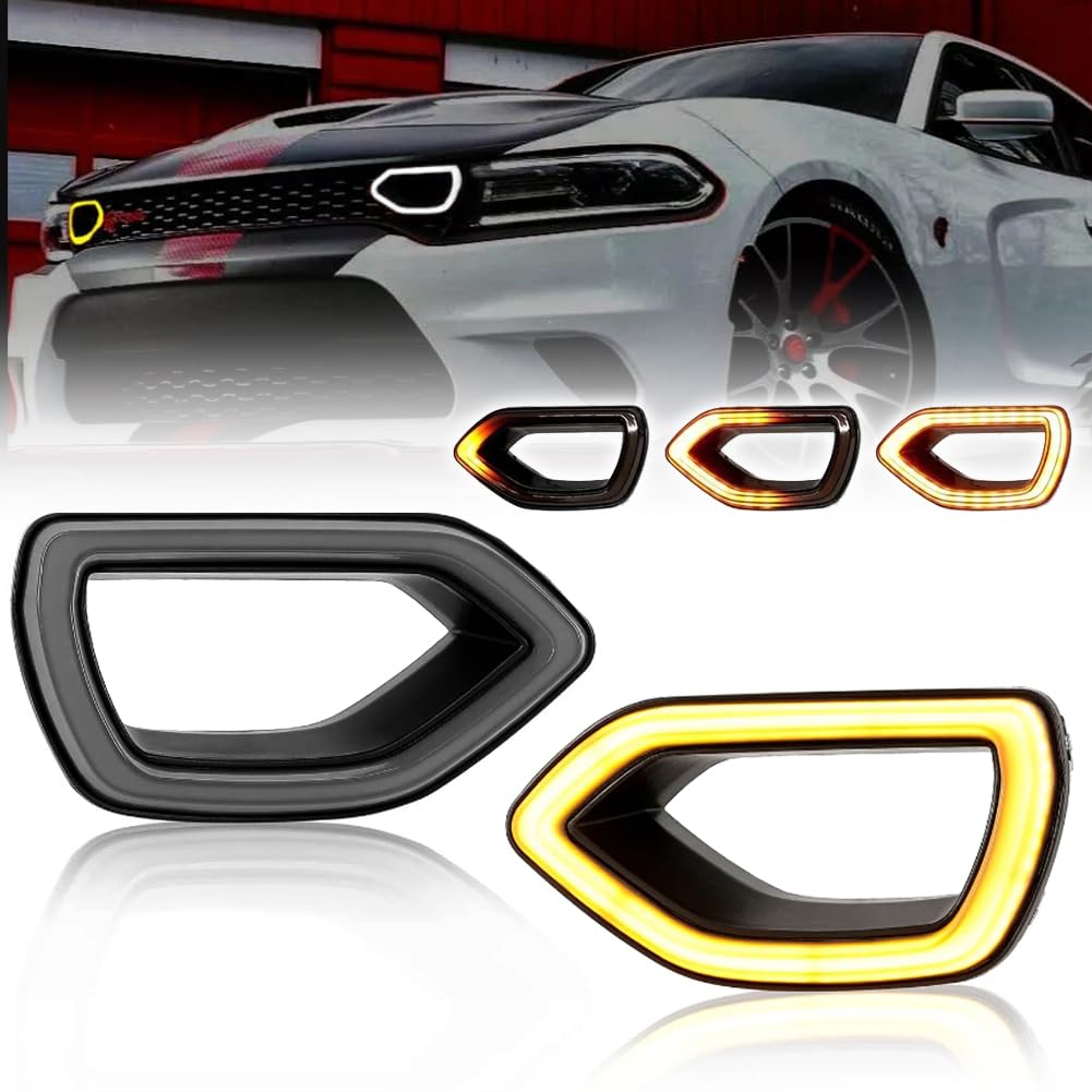 Sequential LED Grille Lights for Dodge Charger 2015-2022 SRT Scat Pack, Smoked Lens Amber LED Front Grill Lamp, Dodge Charge Dynamic Turn Signal Lamps