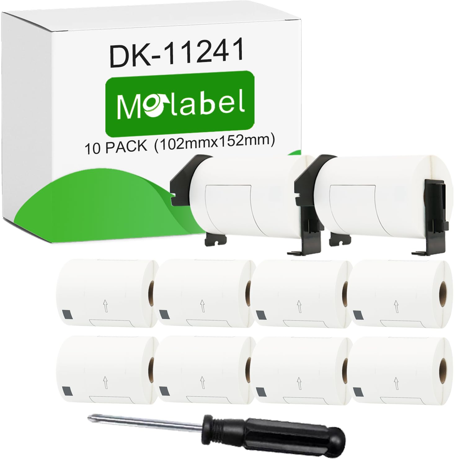 10 rolek etykiet DK-11241, 102 mm x 152 mm, łącznie 1200 etykiet, z 2 zdejmowanymi uchwytami i śrubokrętem, odpowiednie do drukarek etykiet Brother QL.