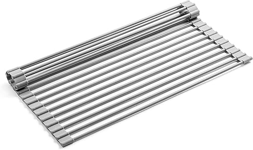 Escurridor de platos enrollable para colocar sobre el fregadero de 20.5 pulgadas, hecho de acero envuelto en silicona, multiusos, no ocupa espacio,