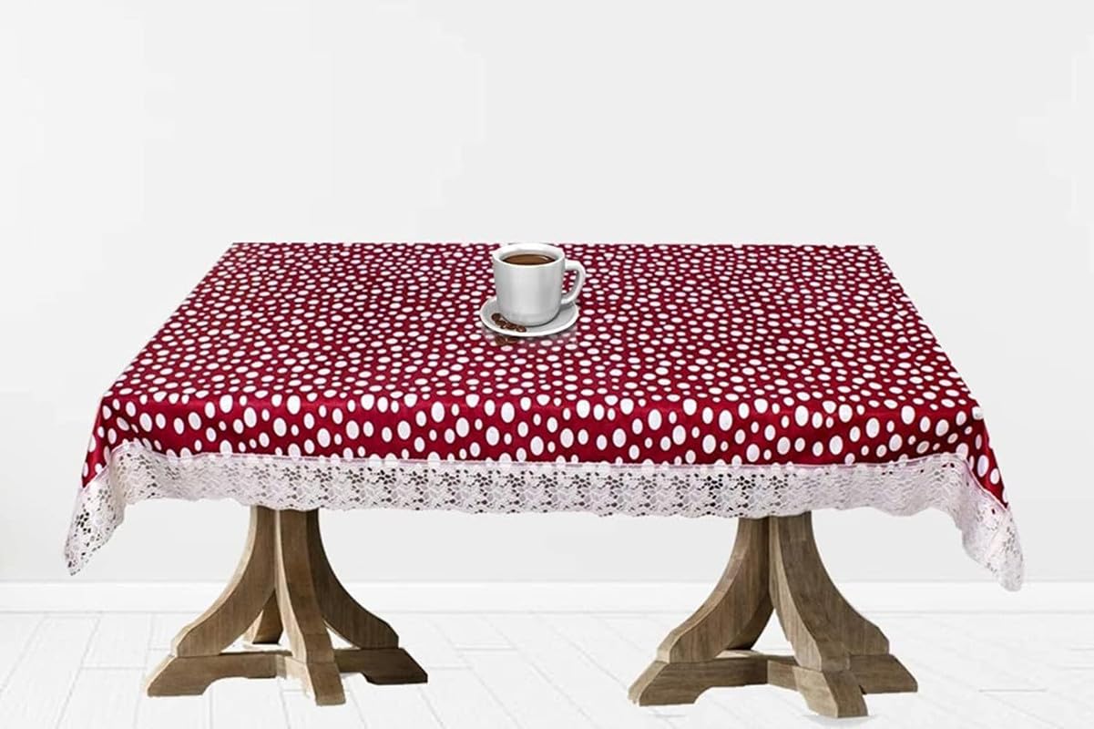Center & Dining Table Cover Red Color Polka Dots Printed Table Cloth with White Lace - Waterpoof & Dustproof High Qualtiy Table Cover (40x60 inch)-Table Cloth Red 13-image-8
