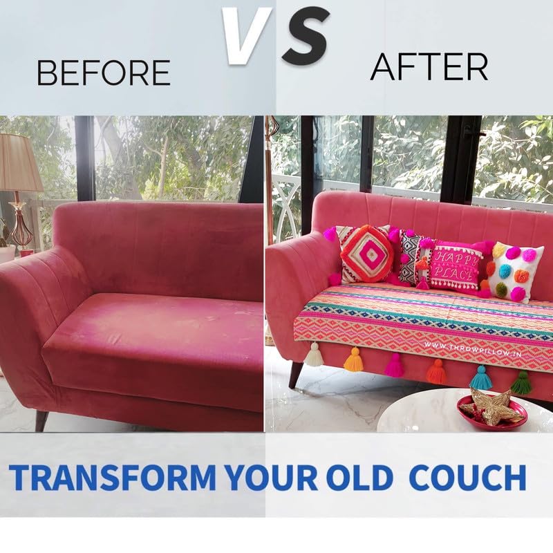 Image of WWW.THROWPILLOW.IN Rainbow Aztech Pattern with Multicoloured Tassels Three Seater Anti-Slip Tassel Sofa Cover 3 Seater- Heavy-Duty, Scratch-Resistant-Sofa Seat Cover 3 Seater
