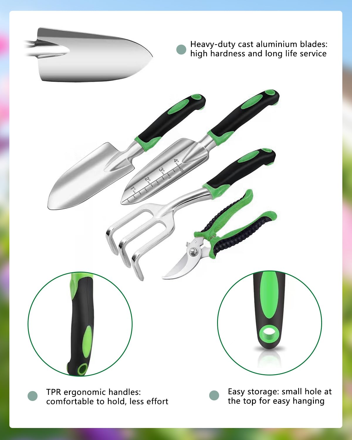 Juego de 10 herramientas de jardín, herramientas de jardinería resistentes con agarre de goma antideslizante, incluye pala, tenedor, rastrillo, guantes de jardinería, bolsa organizadora, regalos para