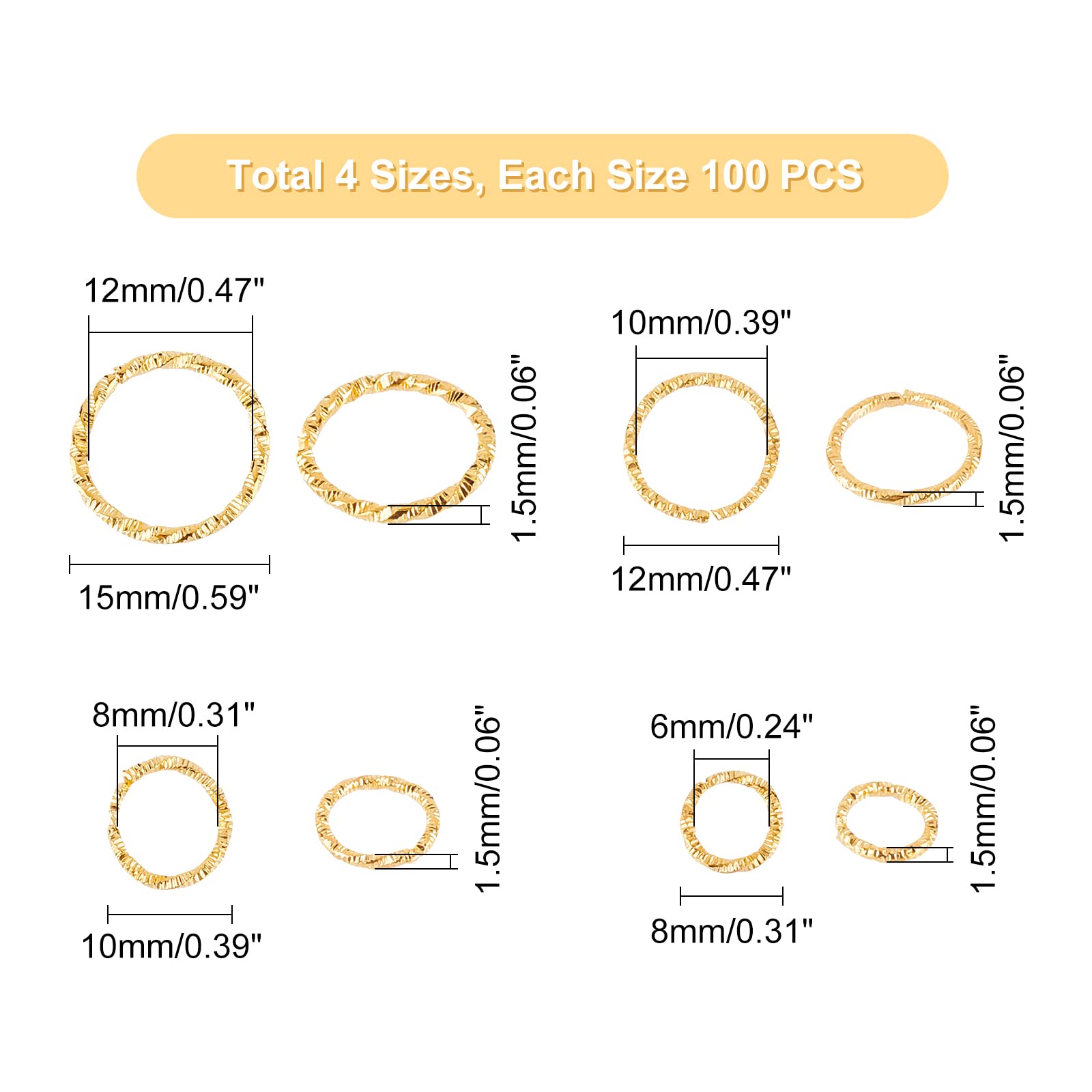 UNICRAFTALE Circa 400 pz 8/10/12/15mm Golden Jump Ring Open Jump Rings Iron Connetor Anelli Creazione di Gioielli Trovare per Orecchini Collane Creazione di Gioielli