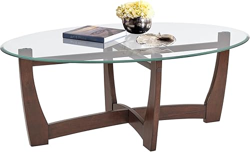 LKTART Mesa de centro ovalada de vidrio de 48 pulgadas con cruz de vidrio templado y base de madera maciza, mesa central simple y moderna para sala