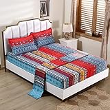 SDY 4PCS Bohemian Bedding Sheet Set,Red Boho Retro Super Soft Sheets Set with 1 Fitted Sheet & 1 Top