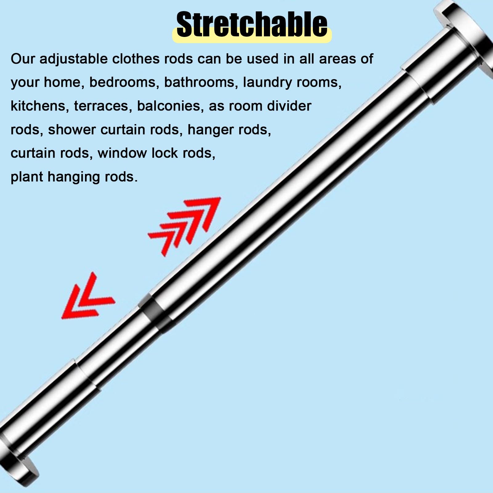 inless - Asta per armadio in acciaio, 50-310 cm / 19.7-122 in, per doccia e stendibiancheria multiuso, colore: argento, 190-260 cm / 74.8-102.4 in