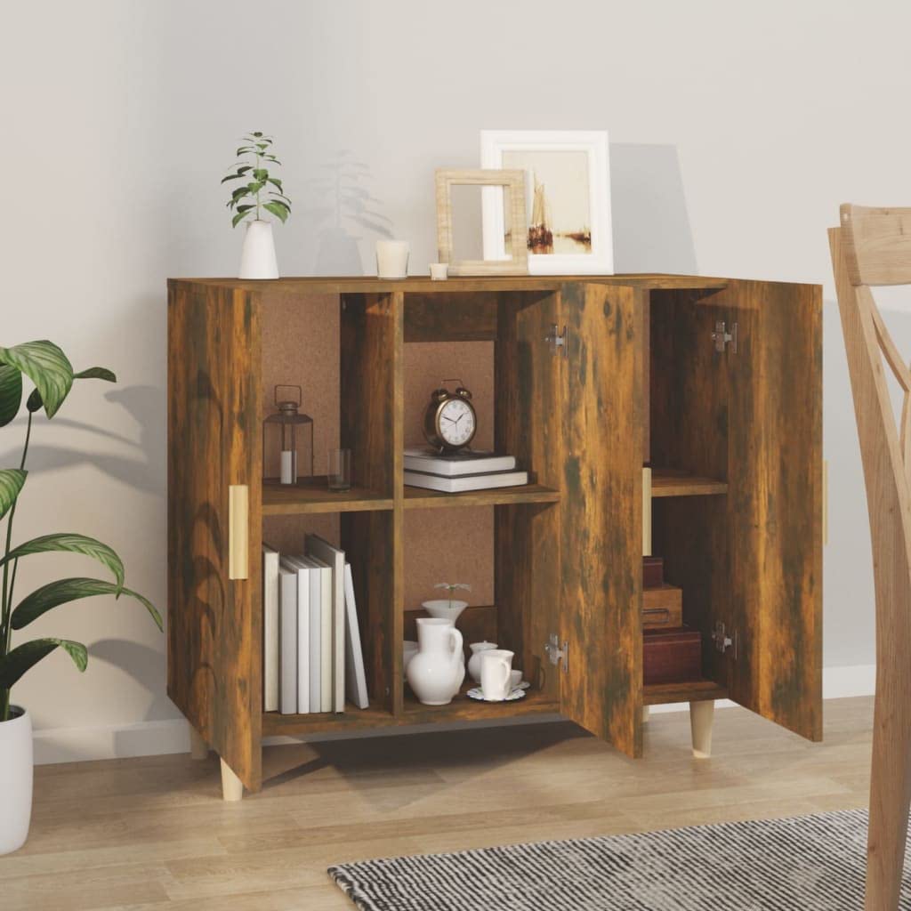 Générique Klasyczny bufet wędzony dąb 90 x 34 x 80 cm, mebel do salonu z drewna inżynieryjnego z 3 drzwiami, duża przestrzeń do przechowywania do uporządkowania codziennych niezbędników.