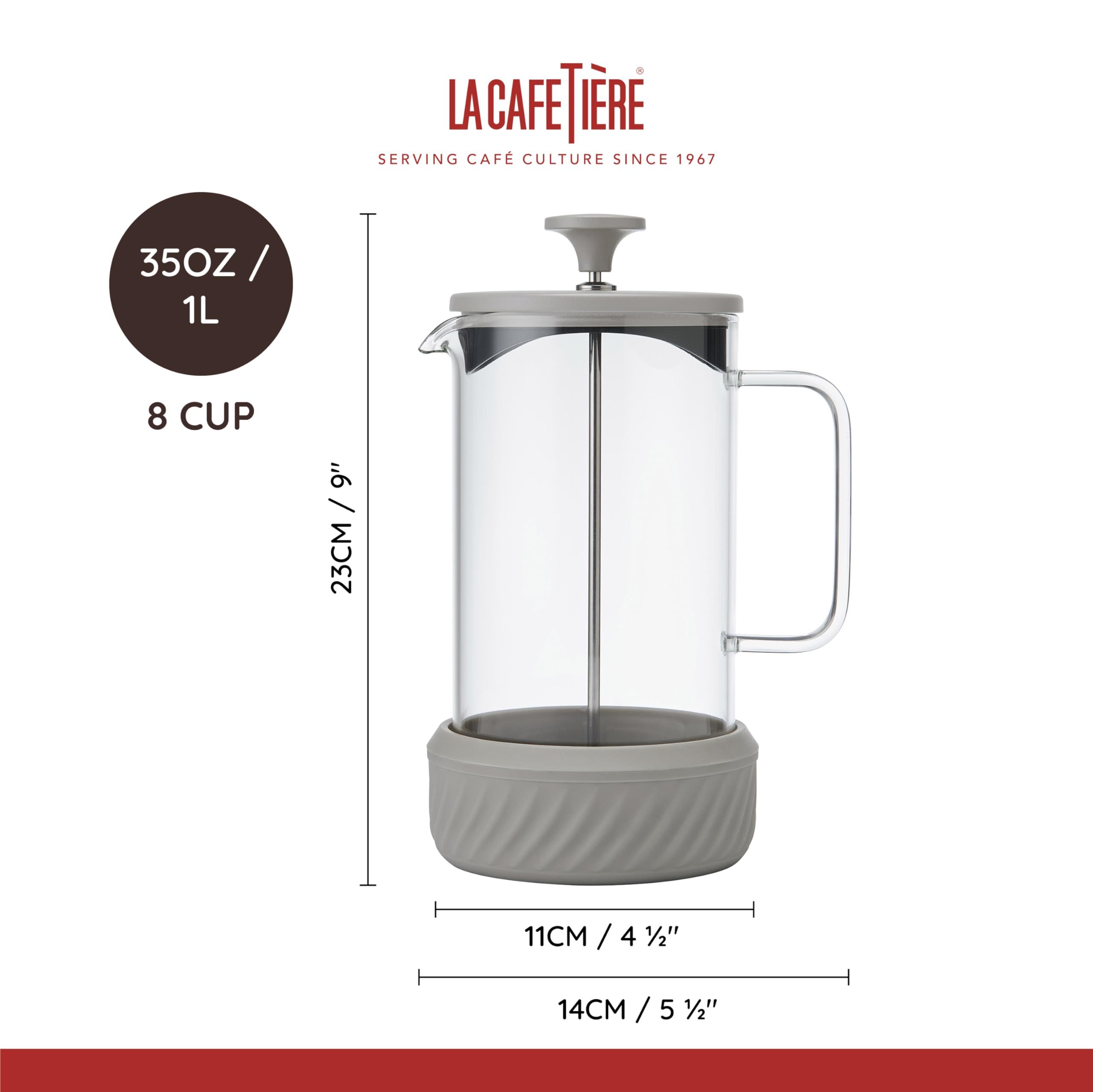 La Cafetiere Zero Cafetière à piston 8 tasses, couleur latte/crème, résistante à la chaleur, poignée en verre et base amovible en silicone, facile à nettoyer, idée cadeau pour amateurs de café
