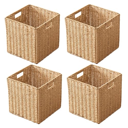 13x13x13 Storage Cube Bins Set of 4, Paper Rope Hand Woven Storage Basket with Handles, Collapsible Square Storage Cubes for Shelves, Wicker Shelf Baskets for Living Room Bedroom Organizing, Natural