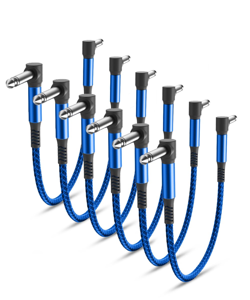 Elebase Guitar Patch Cables 6-Pack,6 Inch 6.35MM Effects Pedal Board Cord 1/4" Right-Angle Nylon Braided Audio Cable Connector Shielded TS Copper Male Line for Microphone Amp/Amplifier Mixer