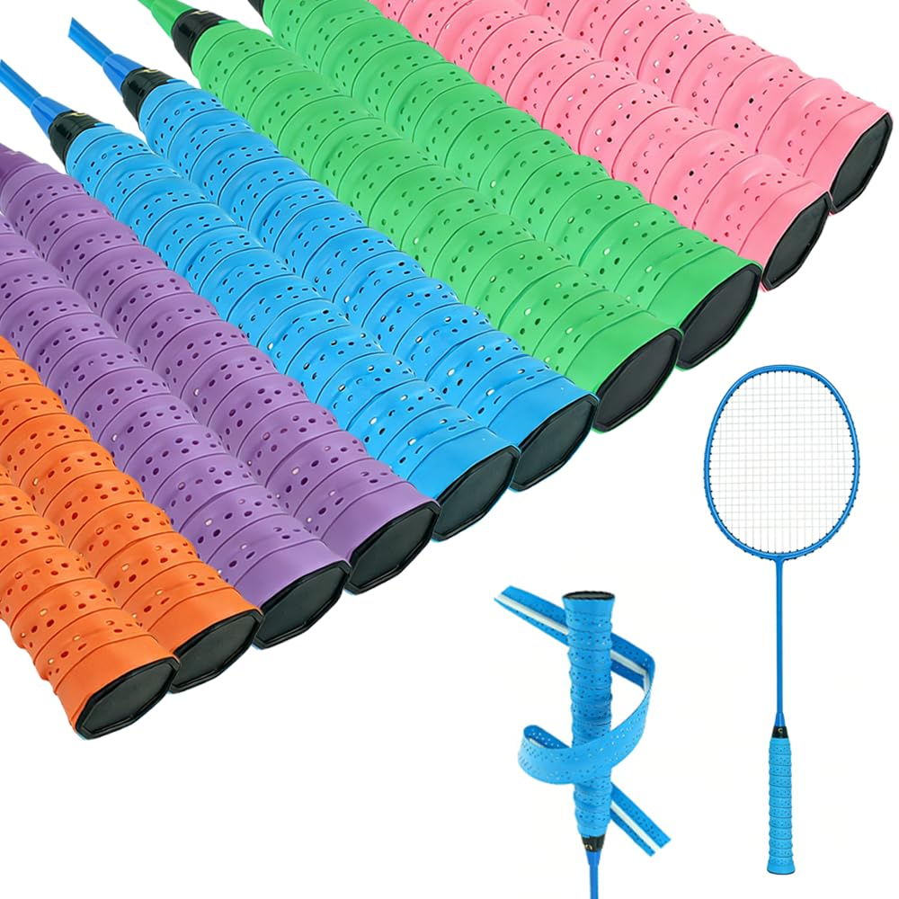 Zavqiro 10 Pack Racquet Overgrip, Anti-Slip Perforated Tennis Grip Tape, Breathable Super Absorbent Badminton Overgrip for Squash, Pickleball, Fishing Rods and Bike Handlebars, 5 Vibrant Colors