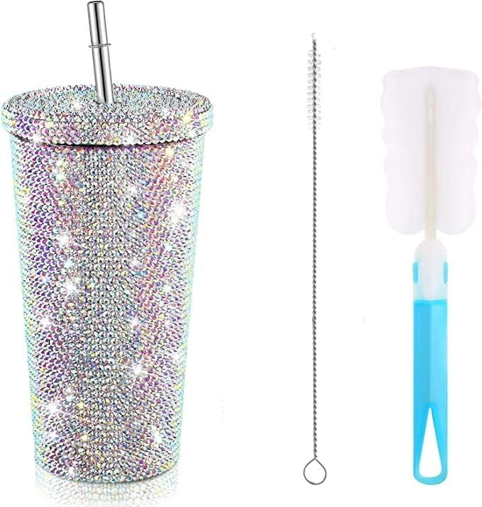 Botella de agua con purpurina y tapa, de acero inoxidable, con diseño de diamantes de imitación, con 1 pajilla, 2 cepillos para niñas y mujeres