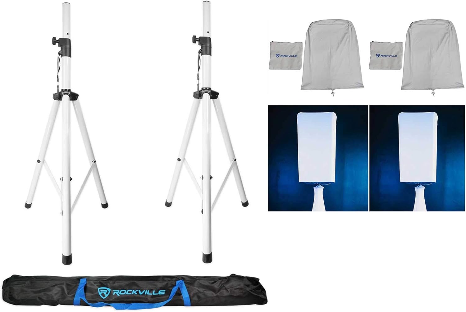 Rockville RSC128W Bundle: (2) White 12 in PA DJ Speaker Cover Scrims, Pair RVSS2 Tripod Speaker Stands with Carry Case, for Wedding Church Club Events, 3-Items