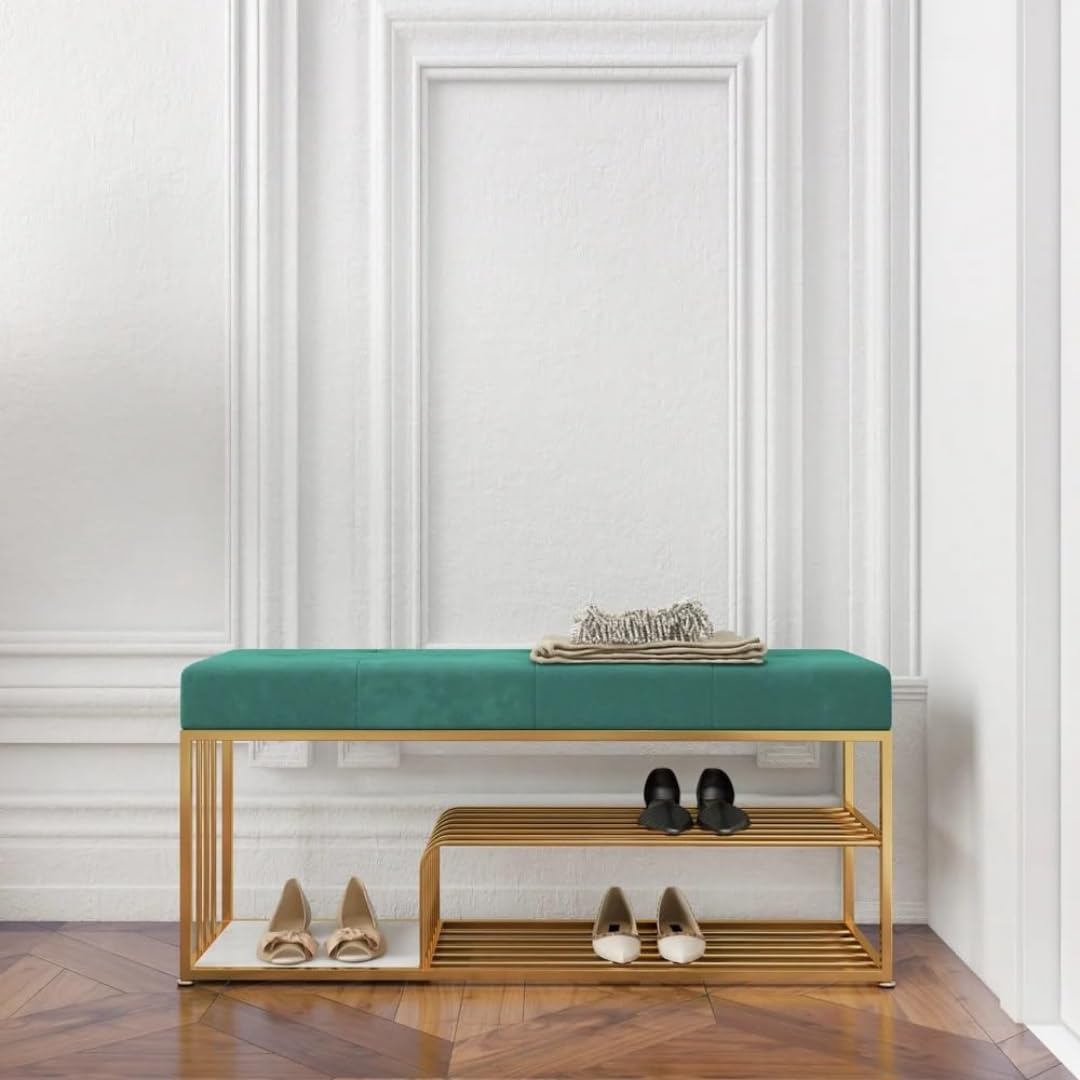 Skafa Metal End of Bed Bench-Upholstered Entry Shoe Storage with Nailhead Trim,Black Mental Frame Ottoman Bench for Bedroom Entry Window Mudroom Living Room (Green)-image-31