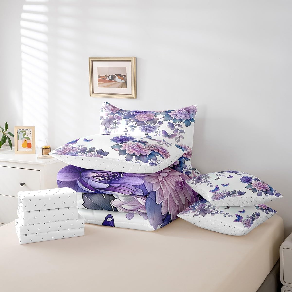 jejeloiu Purple Flower Comforter Set 7 Pieces Queen Size Kids Floral Butterfly Bedding Set for Boys Girls Teens Garden Bed in a Bag Soft Lightweight Microfiber Room Decor