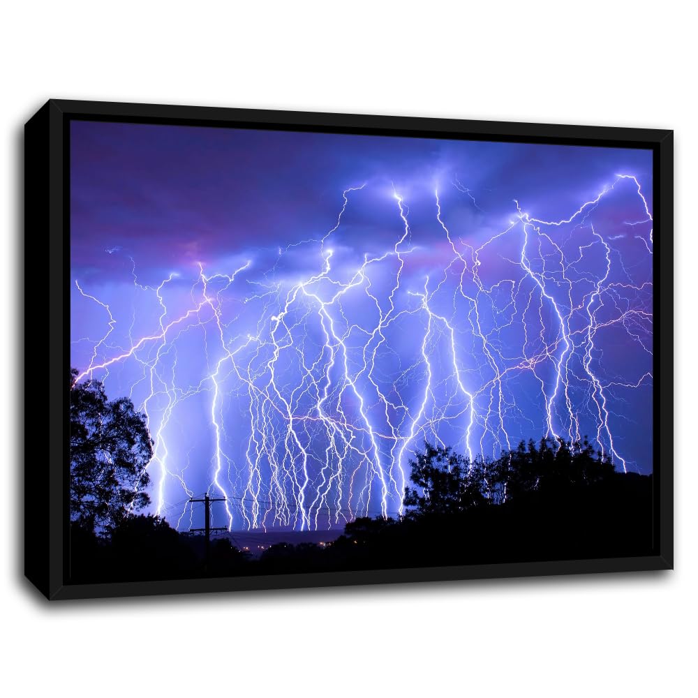 TISHIRON Black Framed Artwork 1 Panels Natural Phenomenon Photography Wall Art Blue Lightning Posters and Prints for Living Room Bedroom Wall Decoration, Ready to Hang, 10" Wx8 H