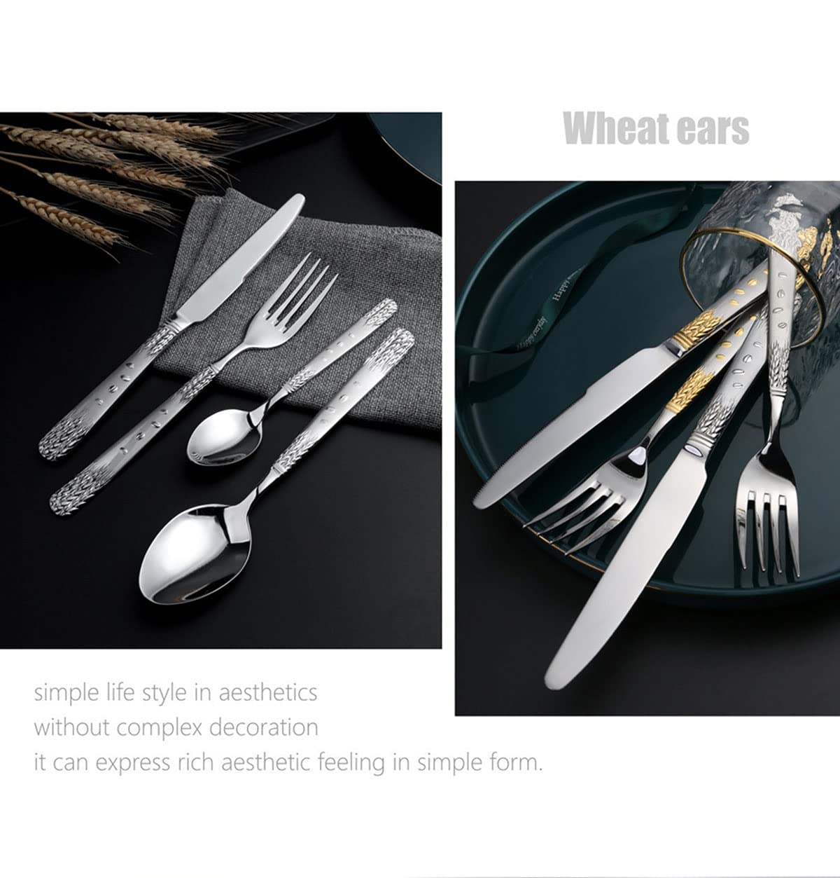 Cubiertos plateados y dorados para 24 personas, juego de 120 piezas de cuchillo, tenedor y cuchara, juego de cena Elegant Life, cubiertos aptos para lavavajillas. (Servicio de banquete para 4)