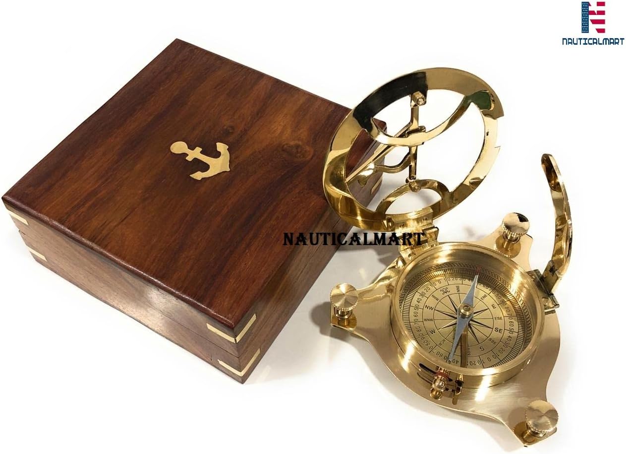 Brass Sundial Compass Marine Boat Gift Pocket Sun Dial in Box Nautical Marine Gift Sun Clock Pirate Ship Replica Watch