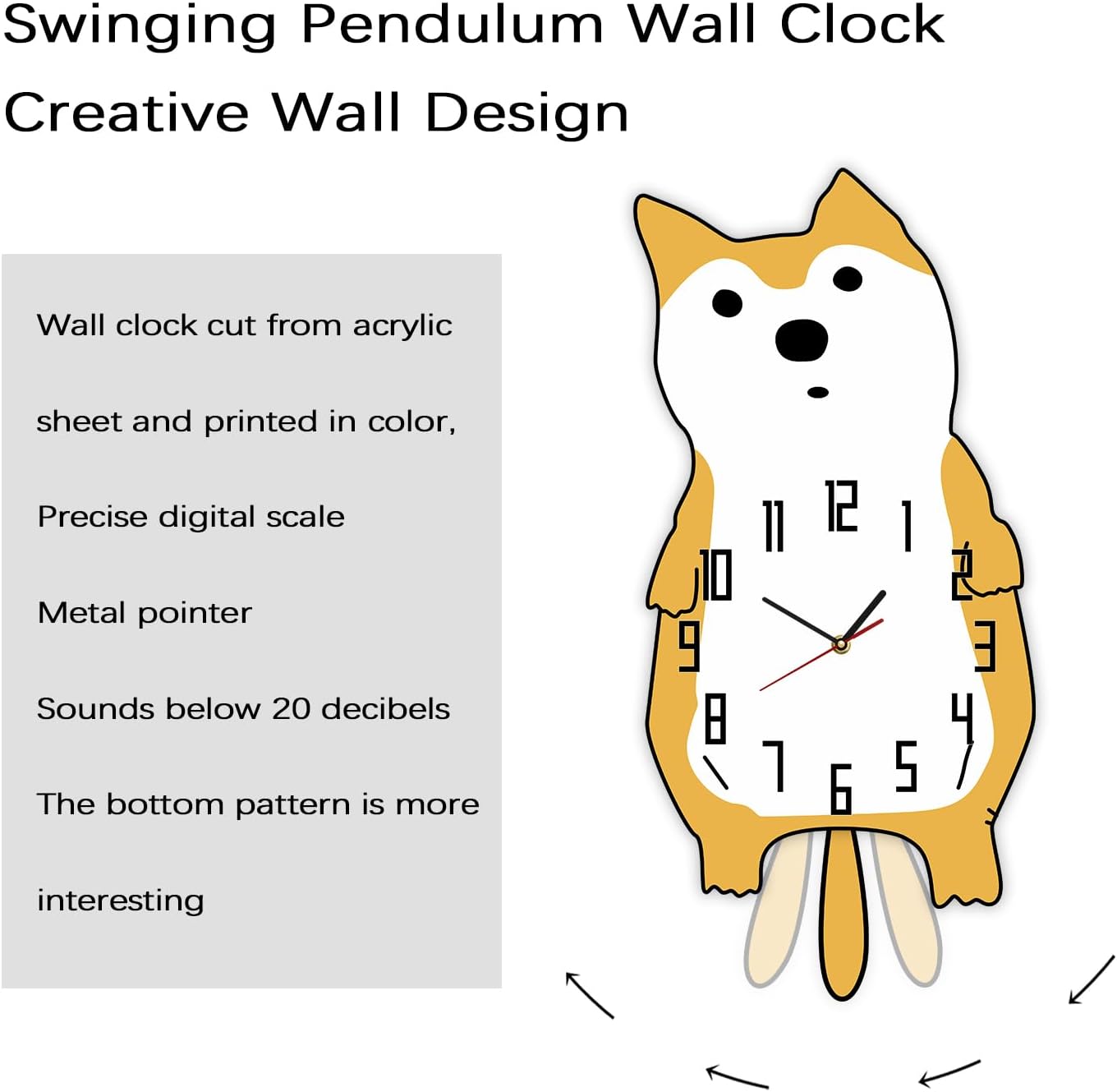 Doggy Dog Wall Clock with Pendulum, Creative DIY Cute Pendulum Wall Clock, Modern Decorative Silent Quartz Non Ticking Battery Operated Analog Dog Clock with Moving Tail for Dog Lovers Gift