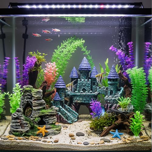 Mechpia 13 Pieces Aquarium Decorations Kit, Fish Tank Decorations Set Small Resin Castle and Rockery Betta Fish Cave Hideout Coral Artificial Plastic Plants Ornament Accessories - Image 3