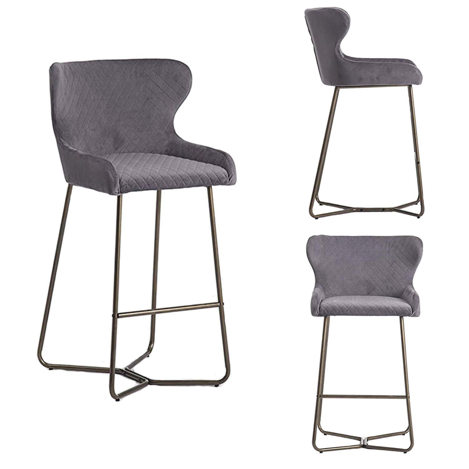 Neptune Barstool, Diamond Stitched Fabric Bar Chair Modern, Brass Effect Leg, Kitchen, Barstool, Velvet Fabric (Grey)